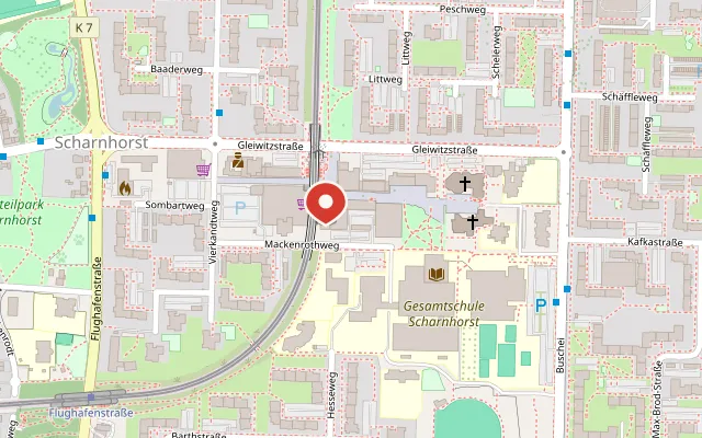 Karte mit dem Standort von Express Döner, Gleiwitzstraße 269A, 44328 Dortmund-Scharnhorst